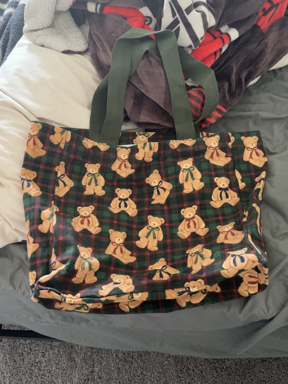 Teddy Bear Plaid Tote Bag in Green